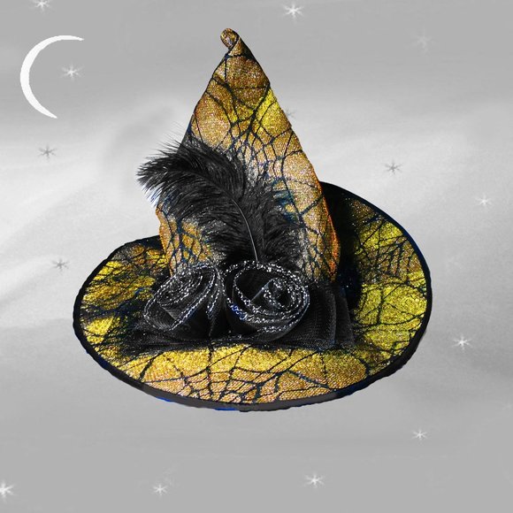 Couture Glamour Witch Hat for Costume, Gold Lame, Spider Web Lace, Feather - Picture 1 of 11